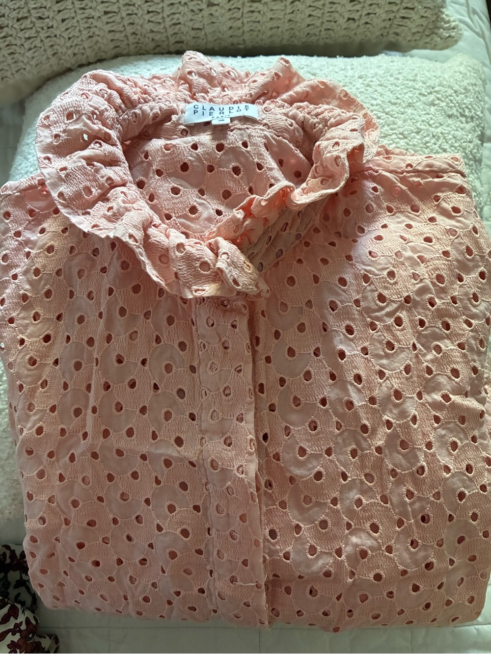 Claudie Pierlot Pink Eyelet Ruffle Button-Down Blouse